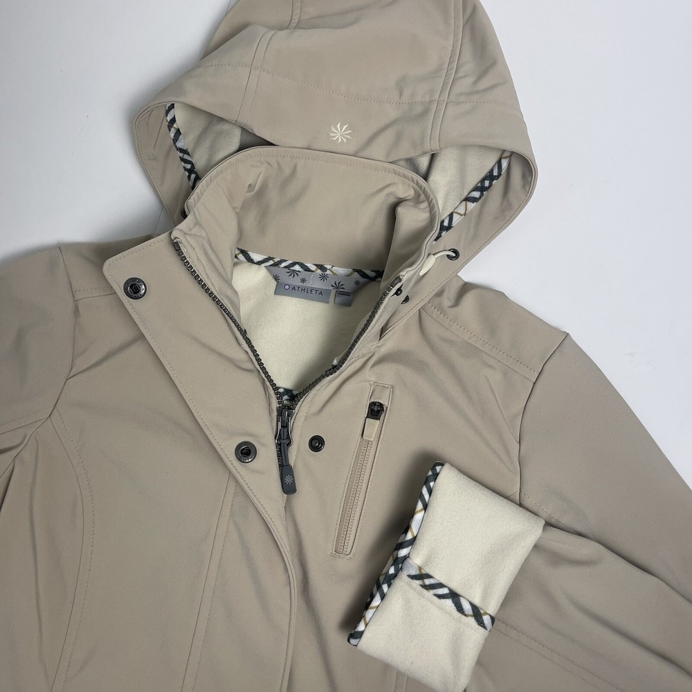 Athleta Shelter Cove Women's XXS Jacket Tan Beige Hood Trench Coat Soft Shell
